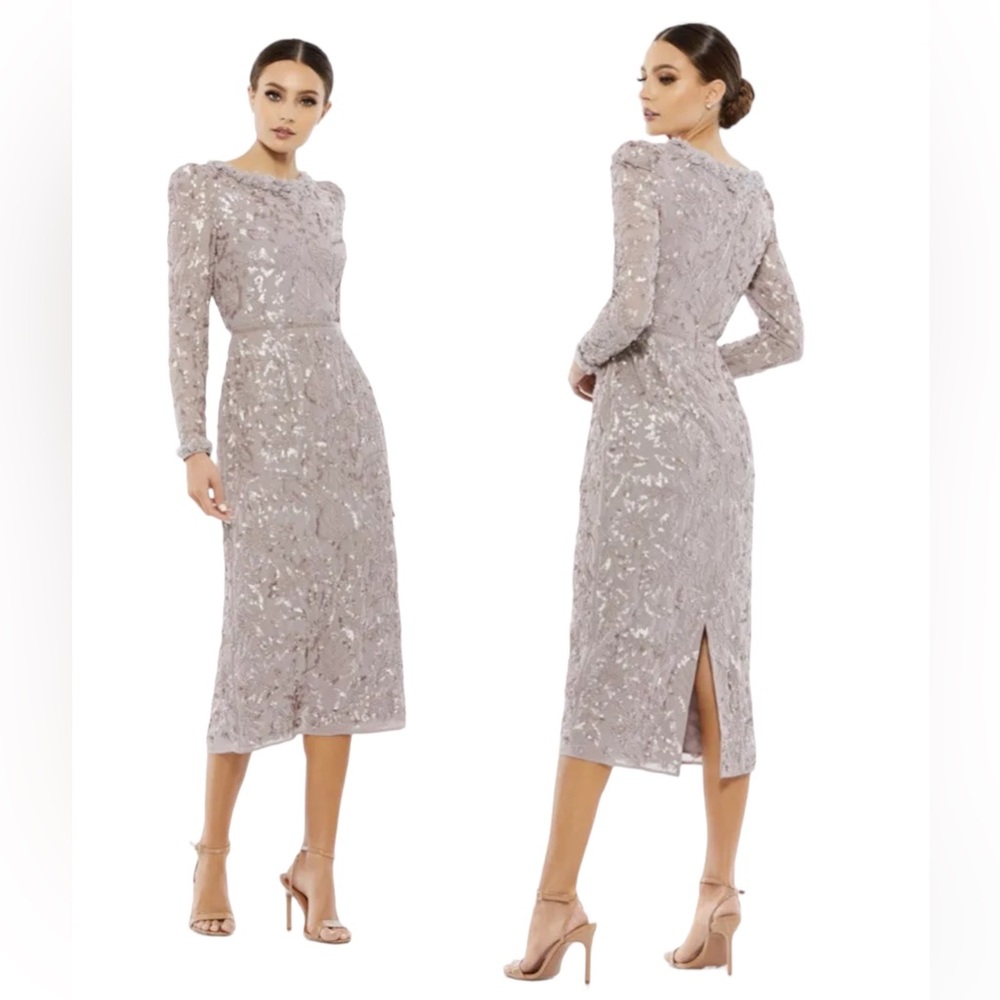 COPY - Mac Duggal 93595 Mauve Ruffle Neck Long Sleeve Sequin Midi Dress Size 16…